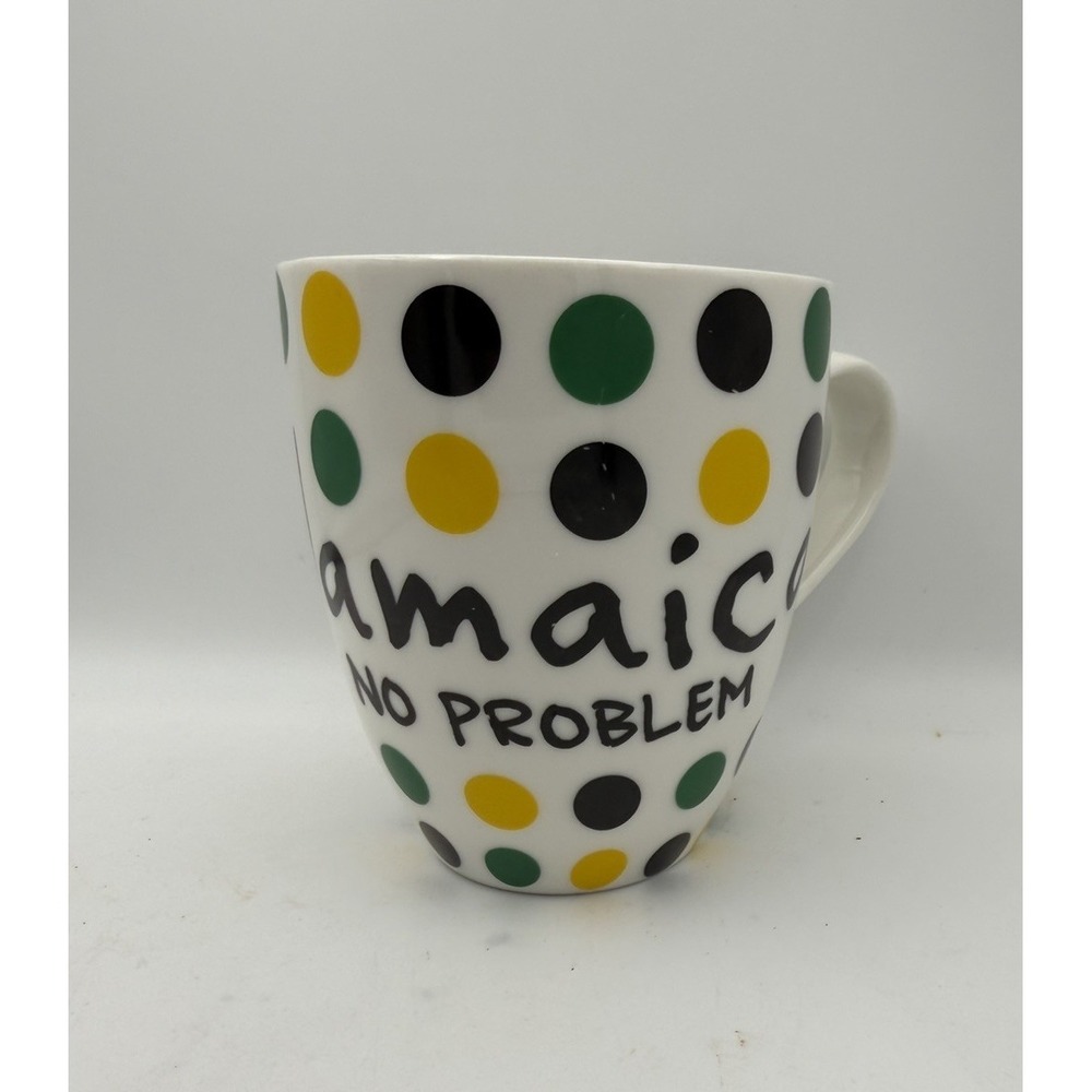 Jamaica‎ No Problem Ceramic Coffee Mug Green Yellow Black Polka Dot Souvenir